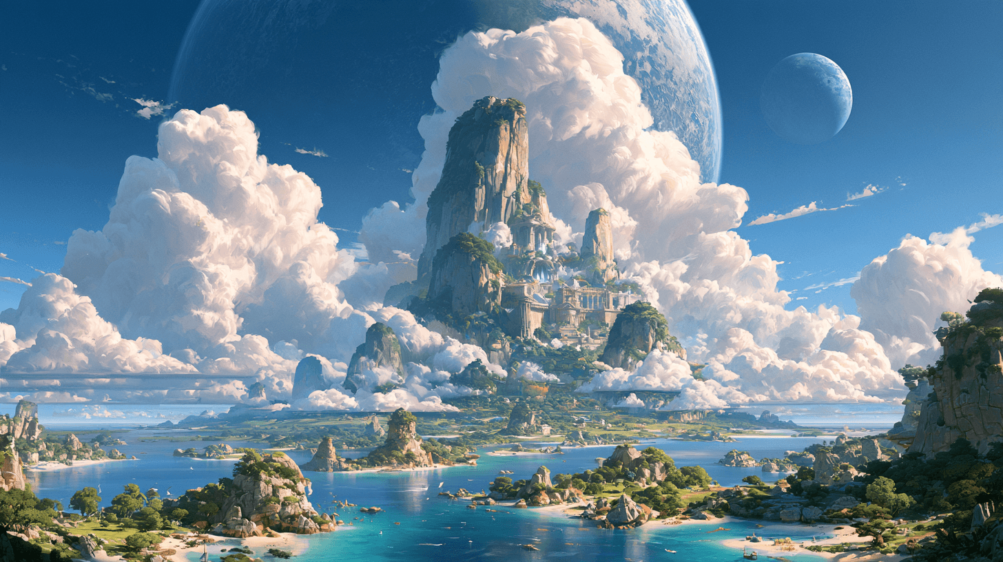 A vibrant AI-generated floating-island game world